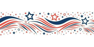 Patriotic banner with red and blue stripes with stars for an American holiday. Blue and red abstract waves. Vector illustration. Isolated on white background.