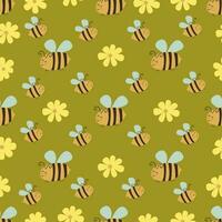 Seamless pattern with chamomile and bees. Vector hand drawn