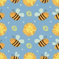 Seamless pattern with asters and bees. Vector hand drawn