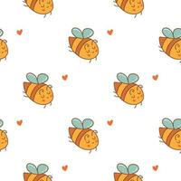 Seamless pattern with happy bees and hearts. Vector