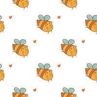 Seamless pattern with happy bees and hearts. Vector