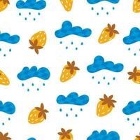 Seamless pattern with rain and strawberry. Vector