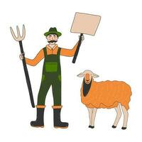 Farmer protests with poster, pitchfork and sheep. Vector