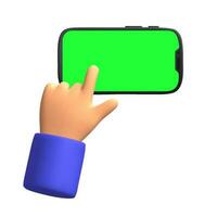 3d render Cartoon finger click on smartphone with green screen isolated icon vector illustration