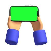 3d render Cartoon hands holding a smartphone with green screen isolated icon vector illustration