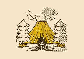 Vintage illustration of volcano, pine trees and bonfire vector