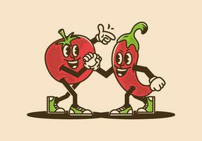 Vintage character design of tomato and chili vector