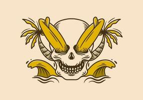 Vintage illustration of skull and surfboard between two coconut trees vector