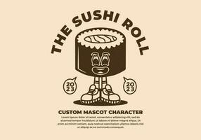 Cute vintage style drawing of sushi roll character with feet vector