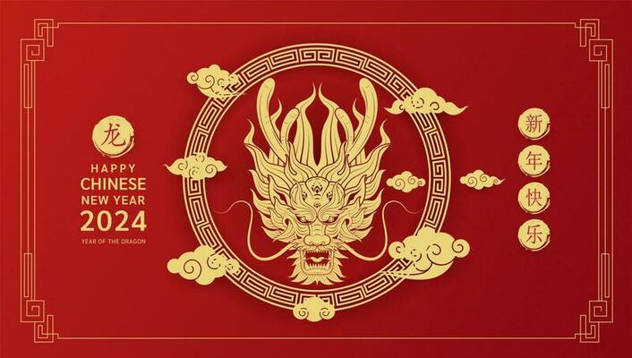 Happy Chinese new year 2024. Dragon gold zodiac sign card and cloud on red background. Asian elements with craft dragon paper cut style. Translation happy new year 2024, Dragon. Vector EPS10.