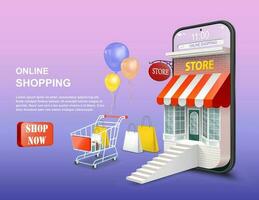 compras en línea en móvil teléfono solicitud o sitio web concepto. digital márketing promoción. teléfono inteligente como un Tienda 3d vector ilustración