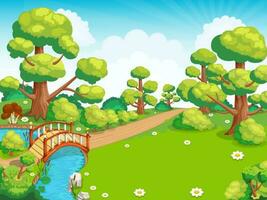 A meadow in the park with green grass, flowers, bridge and path vector