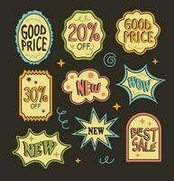 Sticker set retro with text sale cartoon style isolate on dark background. Good price. vector