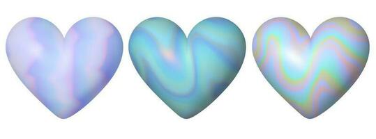 Set of realistic 3d hearts with wavy holographic print on isolated background. vector