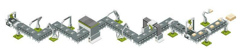 Automatic factory with conveyor line and robotic arms. Assembly process. Vector illustration