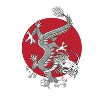 Japanese dragon illustration with sun. Vector graphics for t-shirt prints