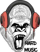 Screaming Gorilla in headphones. Humor card, tshirt composition, hand drawn style print. vector