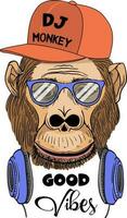 Hand drawn monkey illustration, with glasses and headphone, a hat and hand drawn slogans. Vector graphics for tshirt and other.
