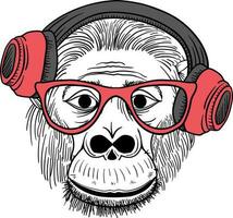 Funny Monkey in a glasses and in a red headphones. Humor card, tshirt composition, hand drawn style print. Vector illustration.