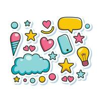 Colorful trendy shapes sticker design vector illustration. Set of modern badge icon with the 90s retro and pop style. Cloud, star, ice-cream, heart, bulb, circle, smile icons sticker.