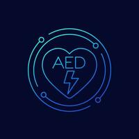 AED line icon with a heart, automated external defibrillator vector