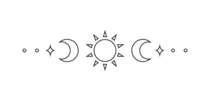 Celestial text divider with sun, stars, moon phases, crescents. Ornate boho mystic separator decorative element vector