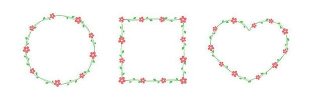 Red flowers with green leaves frames and borders set, floral botanical design element vector illustration