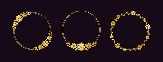 Round gold floral frame set. Luxury golden frame border for invite, wedding, certificate. Vector art with flowers and leaves.