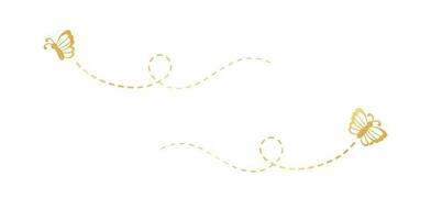 Gold Butterflies Set. Golden Flying Butterfly with Dotted Line Route. Beautiful elegant insects with open wings trail. Vector design elements for spring and summer.