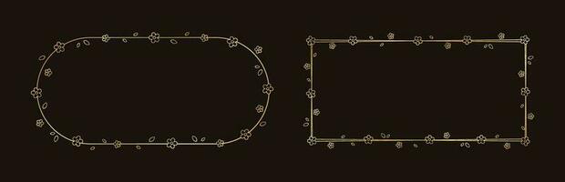 Gold Floral Frame Outline Doodle Set. Golden nature border template, flourish design element for wedding, greeting card. vector