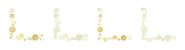 Set of gold floral corner borders. Golden spring flower page decoration vector illustration.