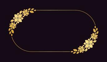 Gold oval floral frame template. Luxury golden frame border for invite, wedding, certificate. Vector art with flowers and leaves.