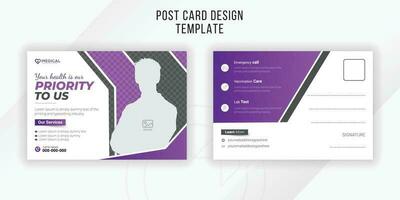 Minimal and creative medical postcard template design with purple geometric gradient color geometric shapes and white background vector