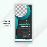 Creative and innovative marketing solutions company banner design roll up or pull up banner with black background vector