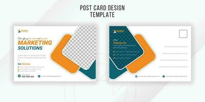 Corporate and innovative business solution postcard design in yellow and green colors with geometric shapes and a white background vector