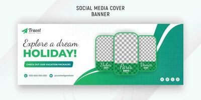 Holiday package social media post design template for travel agency promotion with white background and amazing green gradient color shape vector