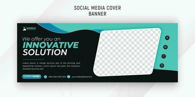 Corporate solution for social media cover template with black background and abstract and light cyan gradient shape, digital marketing live webinar for your business vector