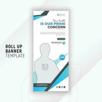 Healthcare and medical rollup or standee banner template design for promotion with geometric shapes and white background vector