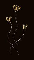 Golden Butterflies with Dotted Line Flight Route. Elegant gold butterflies trail. Vector design elements for spring and summer.