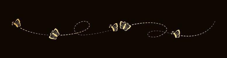 Golden Butterfly Separator Border. Elegant gold butterflies with open wings trail. Vector design elements for spring and summer.