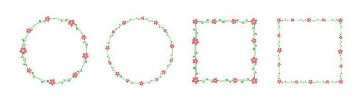 Green vine with red flowers frames and borders set, floral botanical design element vector illustration
