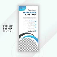 Creative and innovative solution pull up banner design template with geometric gradient color shapes and white background vector