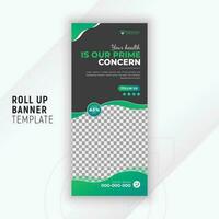 Healthcare and medical rollup or standee banner template design for promotion with abstract gradient color shapes and black background vector