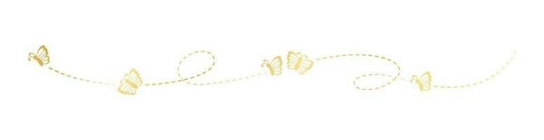 Golden Butterfly Separator Border. Elegant gold butterflies with open wings trail. Vector design elements for spring and summer.