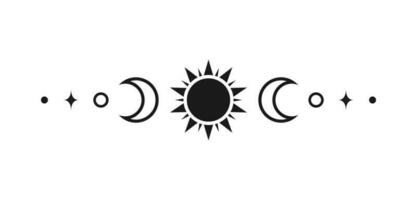 Celestial text divider with sun, stars, moon phases, crescents. Ornate boho mystic separator decorative element vector