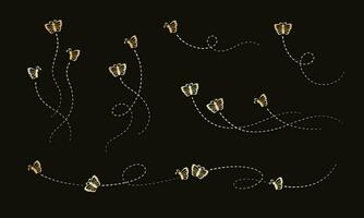 Gold Butterflies Set. Golden Flying Butterfly with Dotted Line Route. Beautiful elegant insects with open wings trail. Vector design elements for spring and summer.