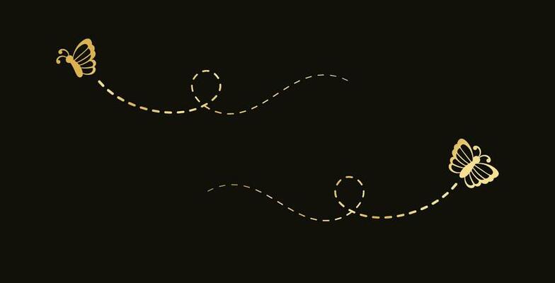 Gold Butterflies Set. Golden Flying Butterfly with Dotted Line Route. Beautiful elegant insects with open wings trail. Vector design elements for spring and summer.