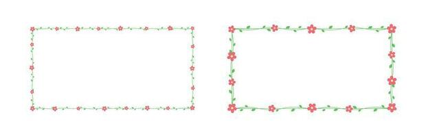 Rectangle green vine with red flowers frame and border set, floral botanical design element vector illustration