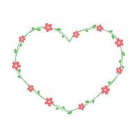 Heart shaped floral frame border, green vine with red flowers cute botanical vector illustration. Valentines Day, Spring Summer design element.