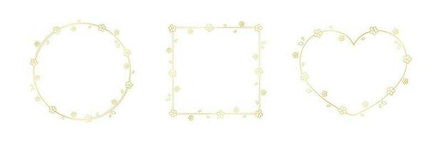 Golden Floral Frame Outline Doodle Set. Botanical border template, flourish design element for wedding, greeting card. vector